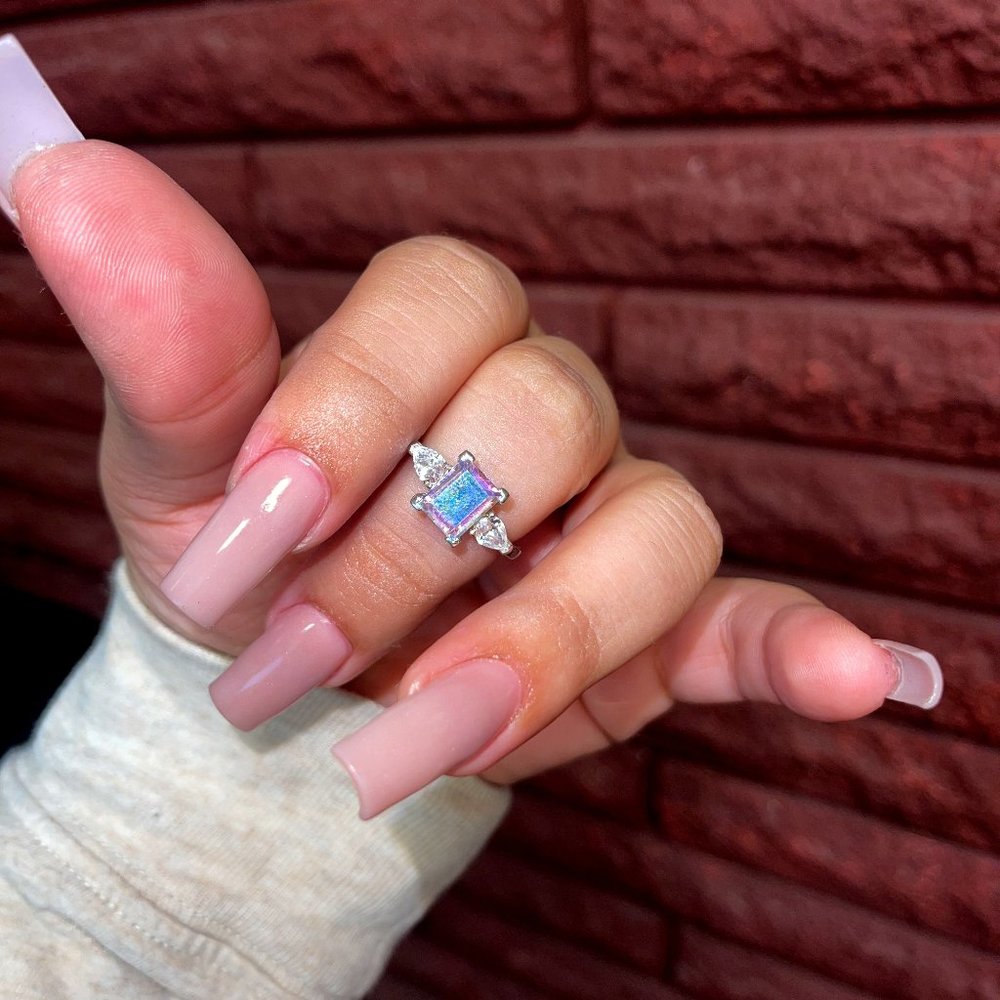 Diamonique Aurora Borealis Emerald Cut Ring, Sterling Silver Size 10